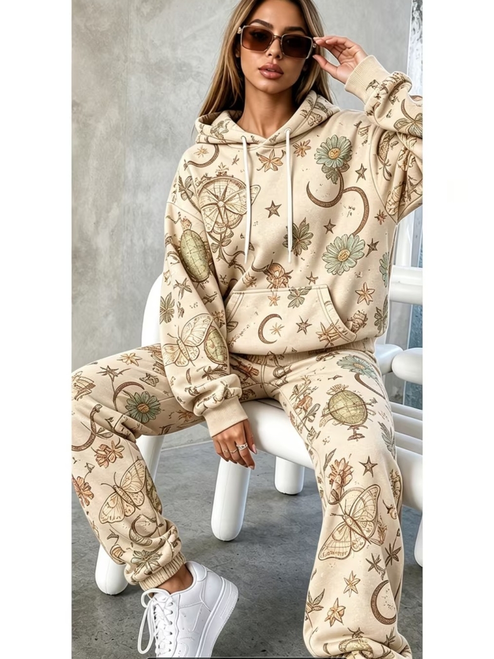 Neutral Celestial Print Track Pants & Hoodie Set - Women